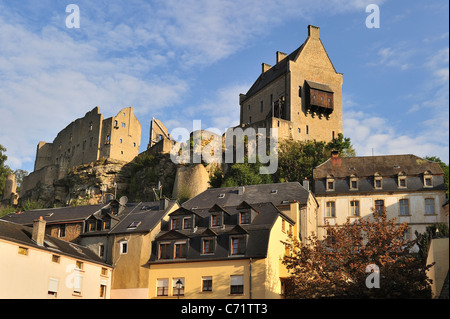 Ruins of the medieval Larochette Castle towering above the town ...