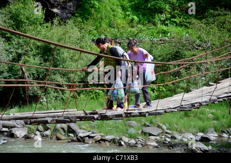 Three young women are nervous of crossing a primitive hanging bridge. Sichuan, China. Stock Photo