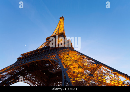 View upwards from underneath the Eiffel Tower in Paris, France