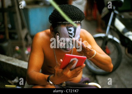 Chinese opera artiste prepares for a performance in George Town, Penang, Malaysia Stock Photo