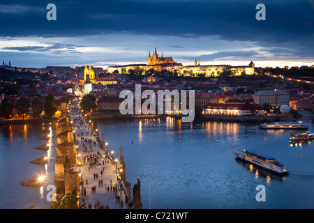 St. Vitus Cathedral, Charles Bridge and the Castle District illuminated at night, Prague, Czech Republic Stock Photo