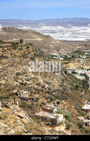 Arid landscape in Nijar, with greenhouses in the background. Province of Almeria, Andalusia, Spain. Stock Photo