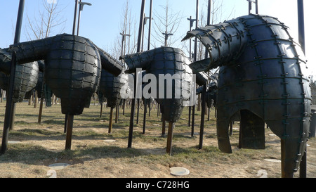 Ancient halberd and armor in the fields Stock Photo