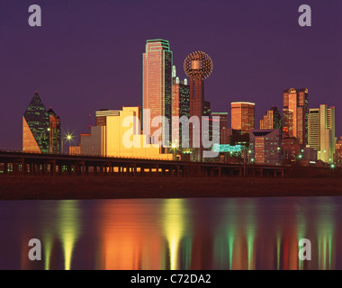 City downtown across Trinity River at dusk, Dallas, Texas, United States of America Stock Photo