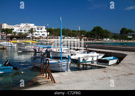 Fishing boats moored at the beach of Es Canar, Ibiza, Spain Stock Photo