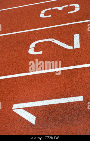 Close up of the lanes on an outdoor athletics track Stock Photo