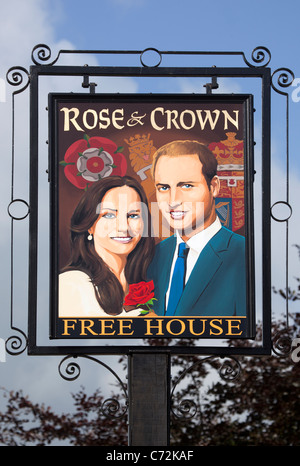 Prince William and Kate on the Sign of the Rose and Crown Public House Shrewton Stock Photo