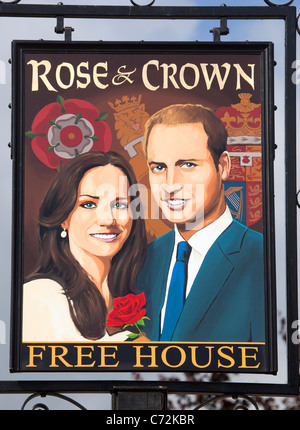 Prince William and Kate on the Sign of the Rose and Crown Public House Shrewton Stock Photo