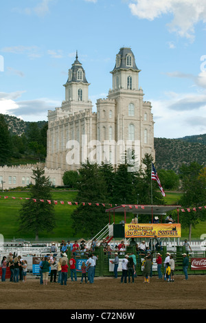 Mormon LDS Temple on hill at Manti Temple. Historic building. Christian religion. Church of Jesus Christ of Latter-Day Saints. Stock Photo