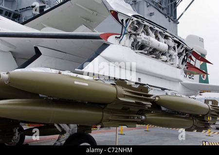 Bomber aircraft with bombs on the flight deck of USS Midway Aircraft Carrier in San Diego, California, USA Stock Photo