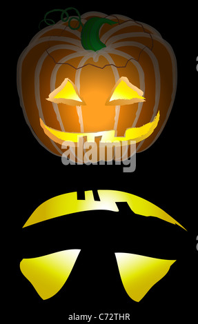 Glowing illustration of a jack-o-lantern casting a glow on the black background in the shape of it's face. Stock Photo