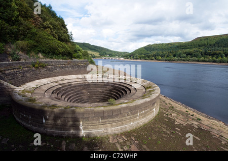 One of the bellmouth overflows also known as the plugholes at Ladybower Reservoir in the Derwent Valley Derbyshire Stock Photo