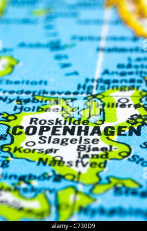 Close up of Copenhagen on map, capital city of denmark. Stock Photo