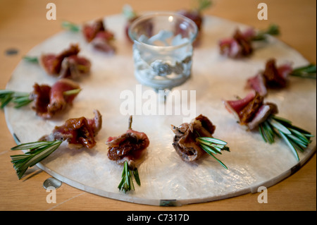 Catering at an event in London with canapees on a dish Stock Photo
