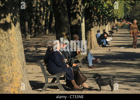 Elderly couple sitting on park bench, Jardin des Tuileries, Autumn, 1e Arrondissement, Paris, France Stock Photo