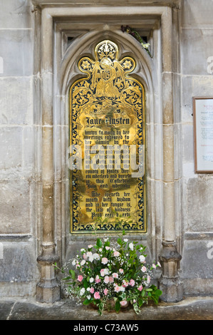 Memorial plaque to the novelist Jane Austen, who is buried in the Nave of Winchester Cathedral, Winchester, Hampshire, England Stock Photo