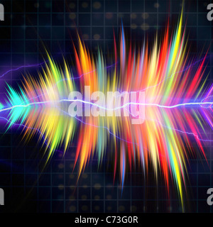 Funky neon glowing audio waveform or graphic equalizer with electric plasma. Stock Photo