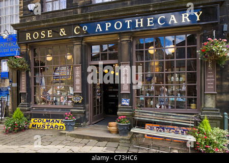 Rose & Co Apothecary on the main street (dating from the time of the Brontes), Haworth, West Yorkshire, England, UK Stock Photo