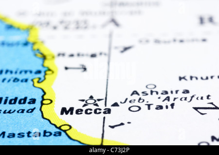 a close up shot of mecca on map, Saudi Arabia Stock Photo