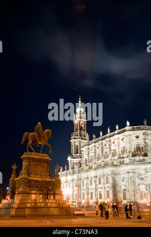 St. Trinity Cathedral at night, with equestrian statue of King John, Dresden, Saxony, Germany, Europe