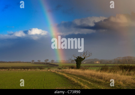 Rainbow over Norfolk Farmland in February Stock Photo