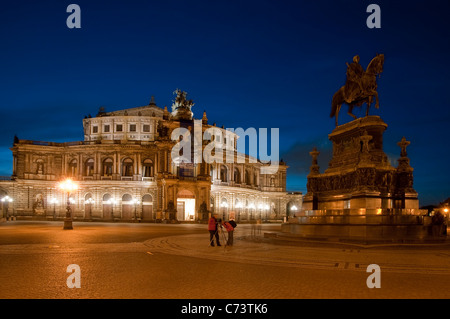 Semper Opera House at night, with equestrian statue of King John, Dresden, Saxony, Germany, Europe
