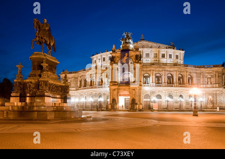 Semper Opera House at night, with equestrian statue of King John, Dresden, Saxony, Germany, Europe