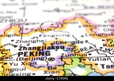 a close up shot of Peking (old name of Beijing) on map, city of china. Stock Photo