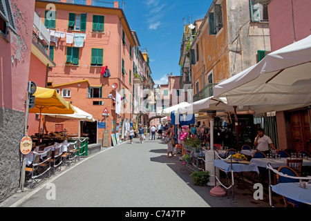 Restaurant and shops at old town of Monterosso al Mare, Cinque Terre, Unesco World Heritage site, Liguria di Levante, Italy, Mediterranean sea, Europe Stock Photo