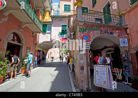 Restaurant and shops at old town of Monterosso al Mare, Cinque Terre, Unesco World Heritage site, Liguria di Levante, Italy, Mediterranean sea, Europe Stock Photo