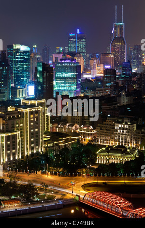 Elevated view along Suzhou Creek new Bridges and City skyline, Shanghai, China Stock Photo