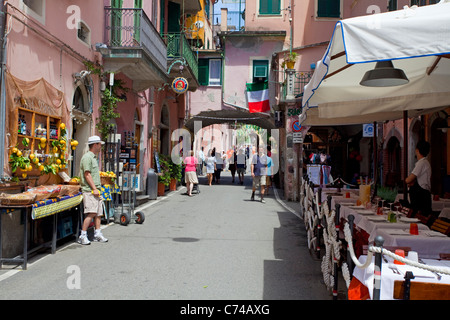 Restaurant and shops at old town of Monterosso al Mare, Cinque Terre, Unesco World Heritage site, Liguria di Levante, Italy, Mediterranean sea, Europe Stock Photo