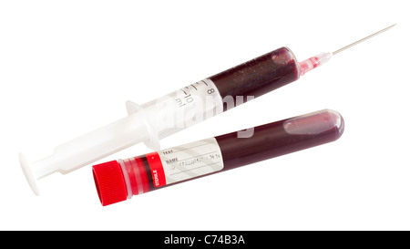 Plastic syringe with blood isolated on white Stock Photo - Alamy