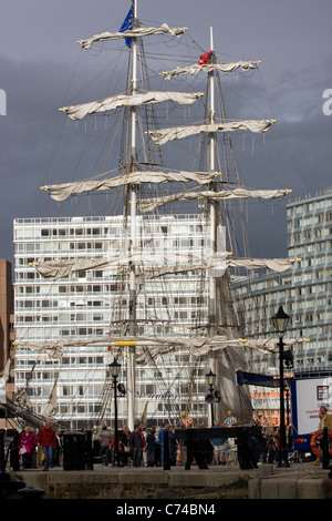 Mercedes Tall ship in Albert Dock ,part of Liverpool River Festival ,background of new buildings , Liverpool 1 Stock Photo