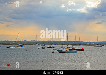 Boats anchored off West Mersea, Mersea Island, Essex, England, UK. Looking south-east. Stock Photo