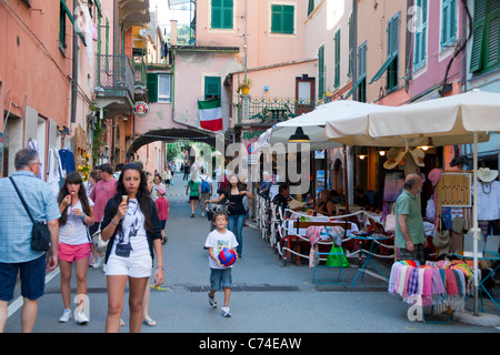 Restaurant and shops at old town of Monterosso al Mare, Cinque Terre, Unesco World Heritage site, Liguria di Levante, Italy, Mediterranean sea, Europe Stock Photo