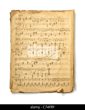 The studio photo of old handwritten misicial notes on white background ...