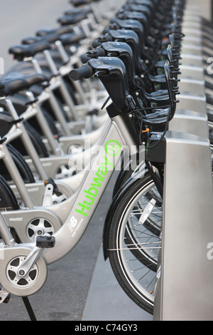 A few of the bicycles of the New Balance Hubway Bike Sharing system in Boston, Massachusetts. Stock Photo