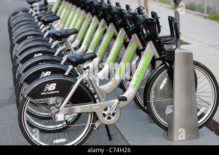 A few of the bicycles of the New Balance Hubway Bike Sharing system in Boston, Massachusetts. Stock Photo