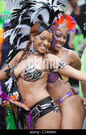 Parade participants in festive attire at the West Indian-American Day Parade in New York City. Stock Photo