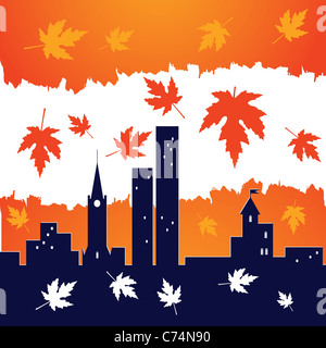 red falling maple leaves on city building silhouettes Stock Photo
