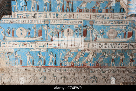 Hieroglyphic carvings and paintings on the interior walls of an ancient egyptian temple Stock Photo