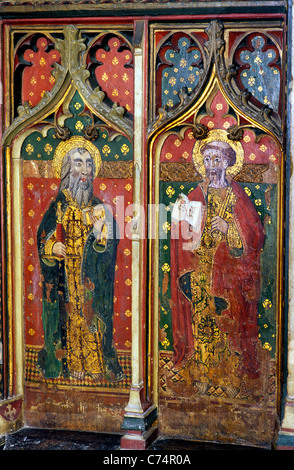 Cawston, Norfolk, rood screen. St. Paul with sword, St. Peter with keys, English medieval screens painting paintings painted Stock Photo