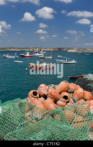 Sagres, lobster pots and fishing boats in the harbour Stock Photo