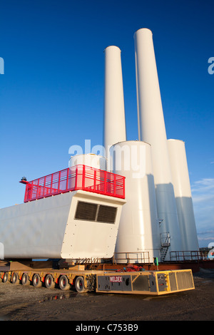 Wind turbine parts for the Walney offshore wind farm, on the docks at Mostyn. Stock Photo