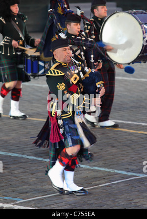 Moscow,Russia,Sept 04,2011: Man playing the traditional Scottish bagpipe in 'Spasskaya Tower Festival' at the Moscow's Kremlin Stock Photo