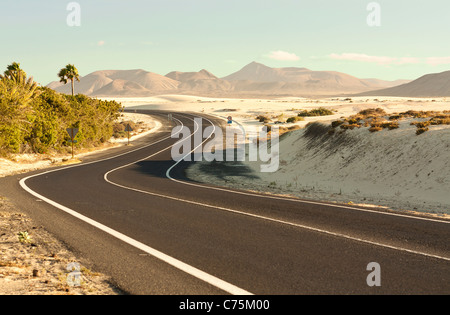 Winding Desert Road across the dunes of Corralejo, Fuerteventura Stock Photo