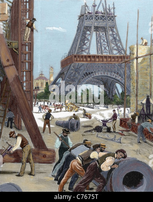 History of France. Paris. Universal Exhibition of 1889. Construction of the Eiffel Tower. Colored engraving. Stock Photo