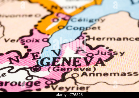 Close up of Geneva on map, city of Switzerland Stock Photo