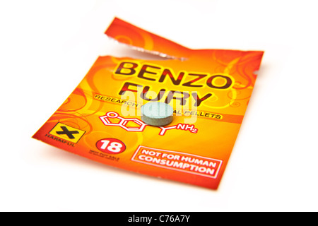 Packet of Benzo Fury,  6-APDB is a legal high or 'research chemical' with similar effects to the illegal drug MDMA and ecstasy. Stock Photo